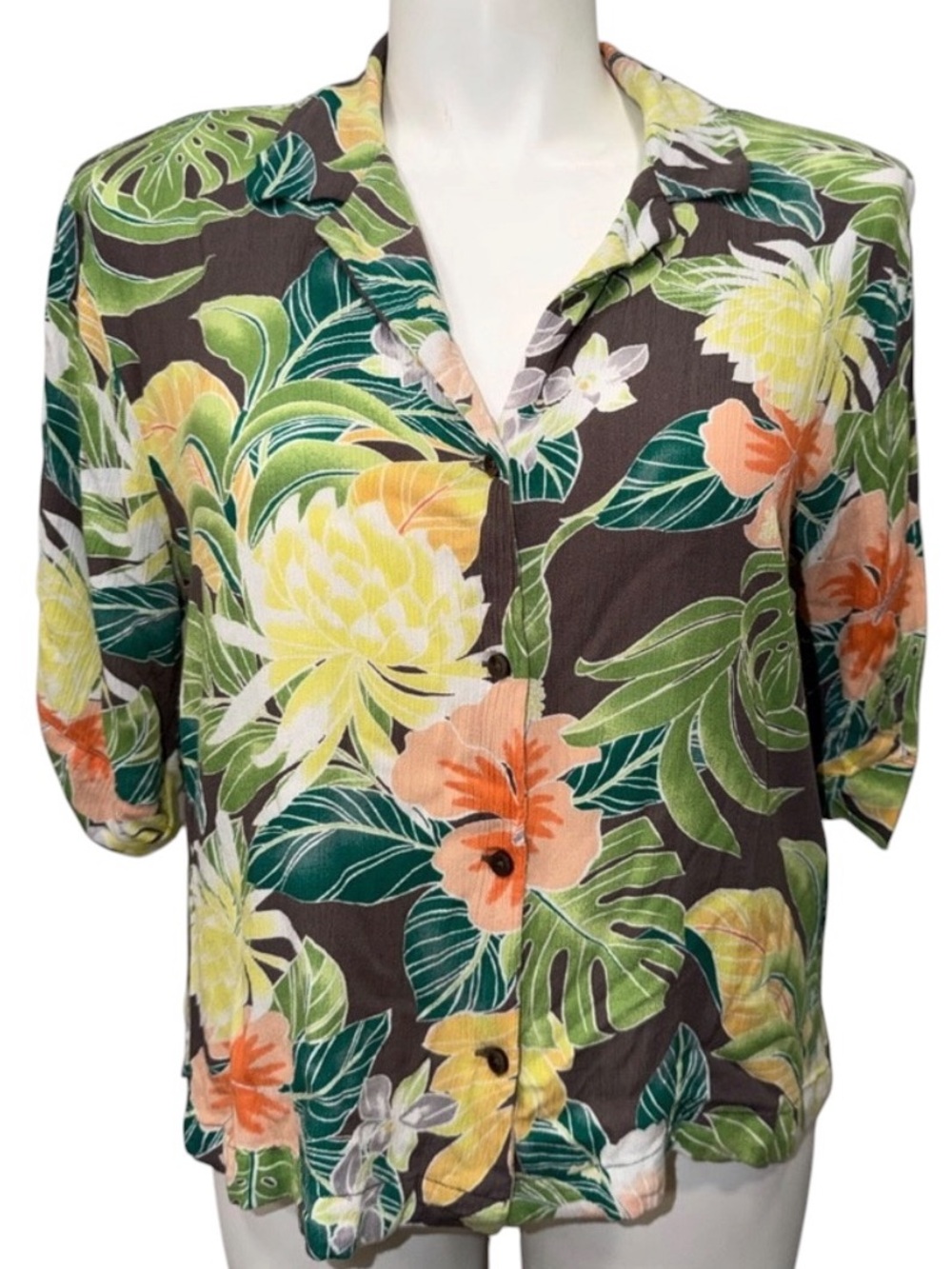 Volcom Tropical Hawaiian Button Front Blouse XL Floral Leaf Resort Shirt